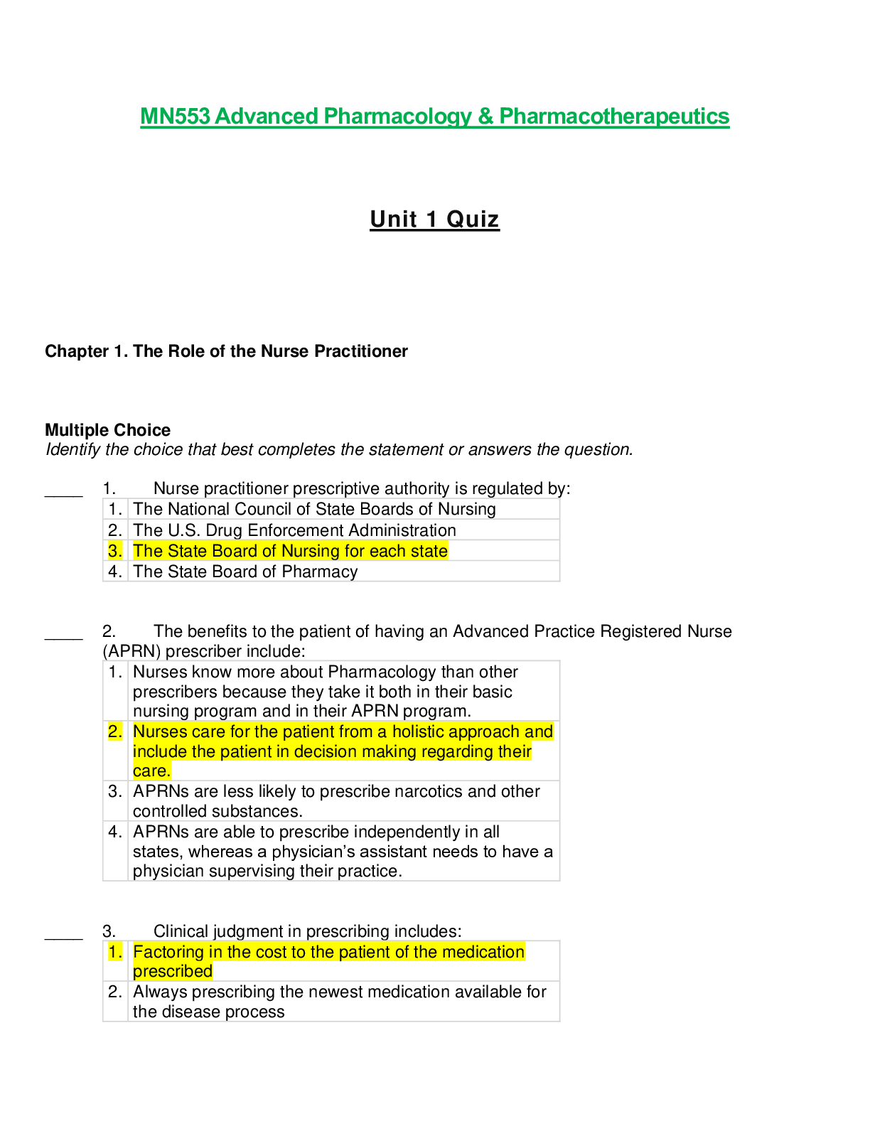 MN553 / MN553: Advanced Pharmacology & Pharmacotherapeutics Unit 1 Quiz Questions & Answers